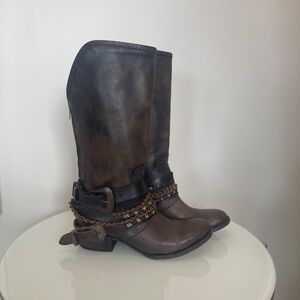 Freebird by Steven KNOX Boots — Brown Leather Wrap Strap, Size 8